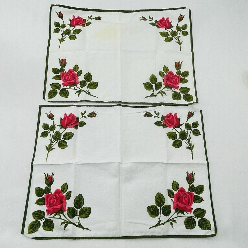 Vintage Napkin Fabric Handkerchief Hankie 14” Set Red Rose Flower Placemat Cloth